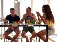 Bisexual threesome with risky deep throat blowjob under the table while friend's wife watches
