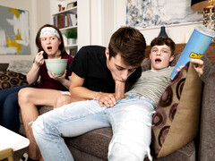 Twinks fuck on the couch despite their sister being there