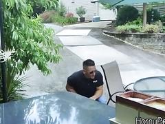 Poolside bareback quickie