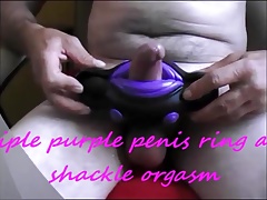 Triple purple penis ring and shackle orgasm