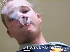 Solo jerking and cum showering while smoking by young Jason
