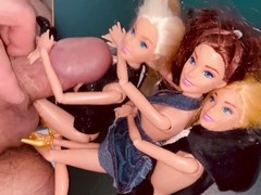 Men using sex toys for masturbation with explosive cumshots on Barbie