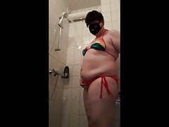 Chubby Femboy wearing cute Rainbow Bikini in Shower