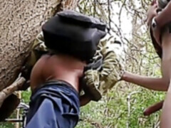 Two older guys have gay forest sex