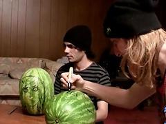 Straight studs make holes in watermelons before fucking them together