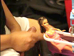 black-haired Barbie bukkake bathtub