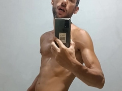 Mischievous onanism in front of the mirror with large spunk