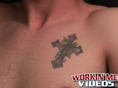 Stud passionately tugs on his huge dick after an interview