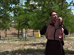 Hot redhead slave serves crowded bar