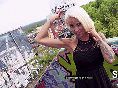 IN PUBLIC! Hot Blonde cougar porks random stud on stairs! Berlin Banger