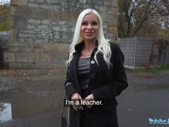 Tetas grandes, Rubia, Madura, Semen en la boca, Lencería, Al aire libre, Público, Maestra