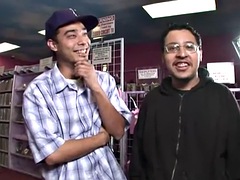 Cock whore rides in a dirty sex shop threesome