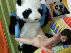 Furry panda costume dude with a pink cock fucks this teen