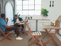 黒人, フェラチオ, 手コキする, ゴム, 三人, オッパイの