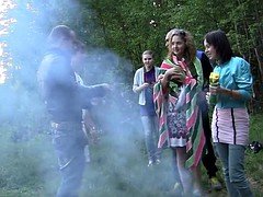 Three college chicks jizzed on tits outdoor