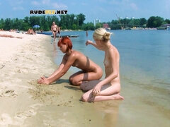 Skinny and young nudist ladies fool around on the beach