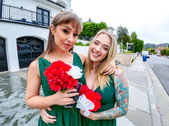 Two naughty girls having a threesome in casting van