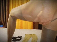 Euro guy films himself trying on pantyhose and giving himself a handjob