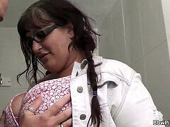 Chubby tourist picked up and pounded in the public restroom