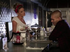 Sad fellow seduced by blonde barmaid with round assets