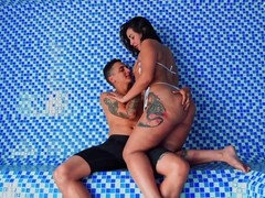 Big ass, Cum in mouth, Cumshot, Husband, Latina, Monster, Sauna, Tits