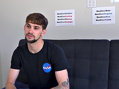 Amateur tattooed stud solo jerking off big cock at casting