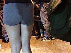 Tight Ass in Grey Spandex Shorts