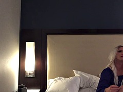 SUPER SEXY blonde sissy removes chastity and then jerks off