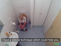 Horny busty blonde receives a creampie from the doctor