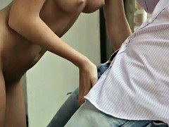 Nordic beauty with slender body has sex in front of a window