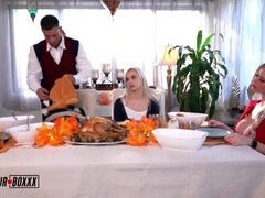 Busty blonde MILF in a red dress got and fucked after the family dinner