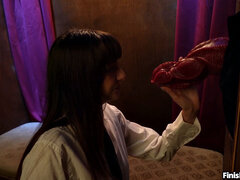 Blowjob, Brunette, Facial, Skirt, Stockings, Uniform