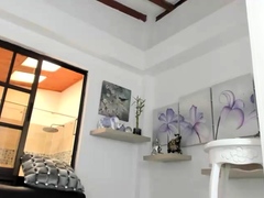 Big tit shemale jerks her long cock