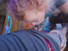 Tattooed blonde Anuskatzz gives hardcore RV blowjob