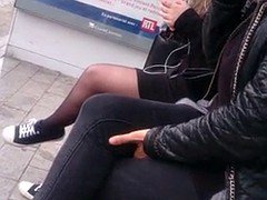Black, Bus, Fetish, Pantyhose, Secretary, Stockings, Upskirt, Voyeur