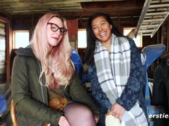 Lesbian Couple Have Anal Fun With a Toy - Amateur fetish lesbian sex with ass toying in van