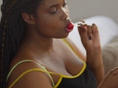 Sweet ebony, pink cigar, close up pov
