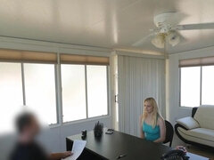 Slim blonde shows bank manager how she loves cocks