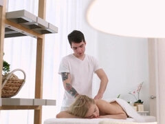 Young masseur cums on teen's face after sex on table