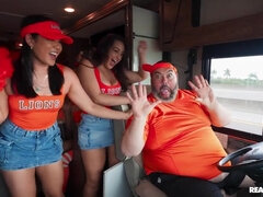 Crazy College GFs: Horny Cheerleaders Traveling Fan Fuck Fest with Brunette Emerald Loves - Threesome Orgy