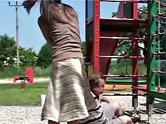 Pierced brunette Andrea sucks an old cock