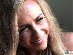 デカパイ, ブロンド, フェラチオ, イく瞬間, はじめて, 熟年, 淫乱熟女, オッパイの