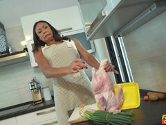 Gorgeous brunette with bubbly tits gets fucked by the Christmas tree