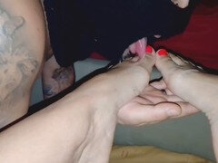 Step mom's foot worship with my cum shot, voyeur vibes and all the action