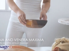 Watch Polina Max moan in pleasure as her blonde lesbian lover eats her pussy in a massage room