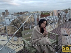 Watch this stunning brunette smoke and blow while her stepbrother showers her in HD