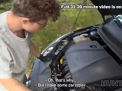 Blonde babe with big tits gets unexpected cuckold cocksucking ending