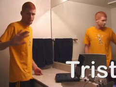 In this solo scene, young Tristian beats off in the bathroom to porn on a laptop, releasing all over mirror and counter top.
