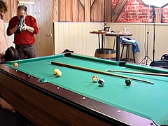 Horny brunette plays billiards and gets the ball in her pussy
