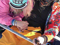 She deepthroat Dick in the Lift at the Ski Resort — Public Blowjob fledgling couple